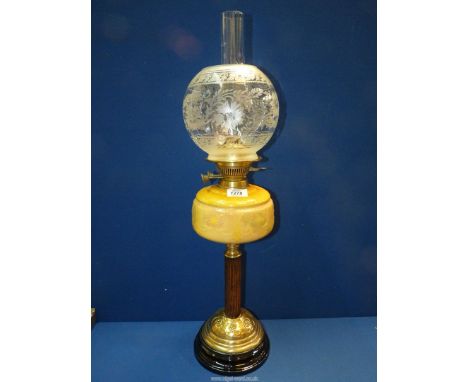A china Oil lamp with chimney (reservoir repaired) and glass Vianne etched shade.