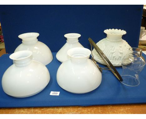 Six white and clear glass oil lamp Shades including a pair, clear etched, etc,