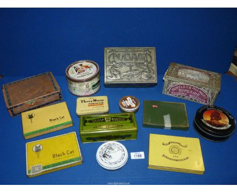A quantity of vintage cigarette and biscuit Tins including Huntley and Palmers, Plasmon, Black Cat, etc.