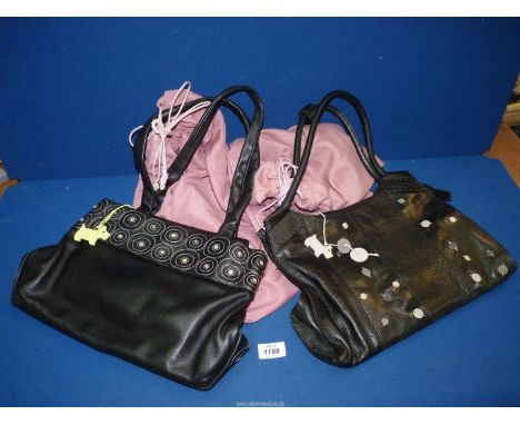 A black leather Radley Handbag with top swirl decoration, with tag and dust bag and another similar Radley Handbag (some mark