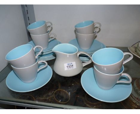 A grey and blue Poole pottery teaset.