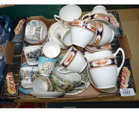 A quantity of teaware including blue, orange and gilt six place setting part teaset, egg shell trio, 'Mercian China' coffee c
