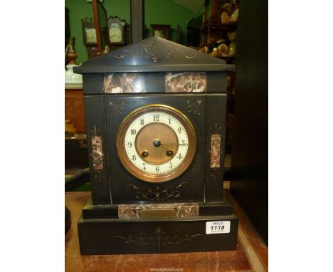 A Slate Mantle Clock with marble inserts and Arabic numerals to face, inscribed to "Miss Helen Gray by the Kinlochewe Hotel s