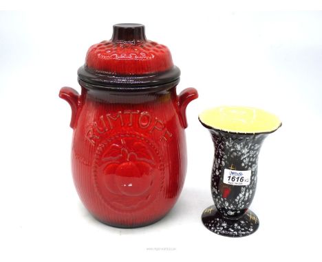 A West German ceramic vase in black, white, red and brown glazed patches with gilded patterns and base mark, 6 1/2" tall, plu