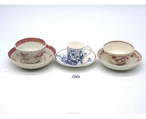 Two Tea Bowls with saucers including floral with fish scale borders and floral with garland style decoration, plus a circa 18