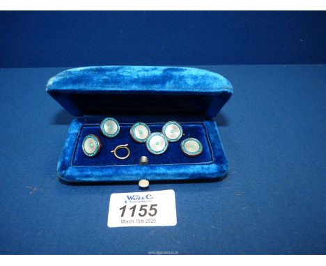 A set of six 9ct Gold and Mother of Pearl with blue enamel Buttons with turquoise cabochon to the centre, maker W.E.P. & Co. 