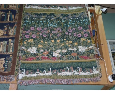 A Tapestry throw/blanket depicting swans and flowers with fringed ends in the style of Bob Timberlake, 60" long x 44" wide.