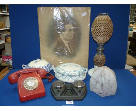 A quantity of miscellanea including red vintage telephone, a large circa 1900's Sepia photograph of a gentleman, vintage glas
