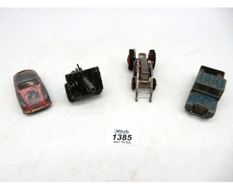 A Porsche 356A Dinky toy (model no. 182), Meccano Ltd., Corgi Land Rover, Corgi Massey tractor and Britains army Cannon.