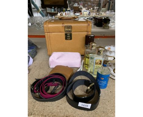 A LARGE LEATHER LOOK BEAUTY CASE TOGETHER WITH VINTAGE EAU DE COLOGNE'S LEATHER BELTS AND PURSE, CHRISTIAN DIOR MAKE-UP BAG 