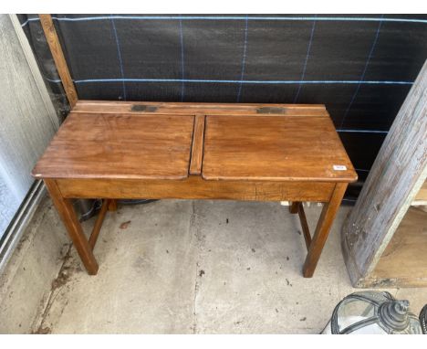 A VINTAGE PINE KINGFISHER DOUBLE LID SCHOOL DESK 