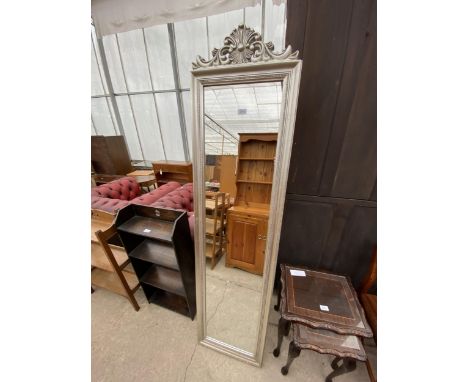 A MODERN SILVER COLOURED CHEVAL MIRROR, 70 X 18" 