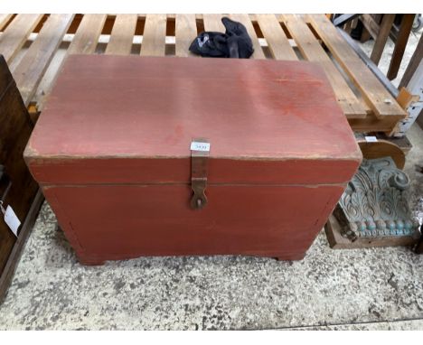 A VINTAGE RED PAINTED DOWRY CHEST, 14 X 26" 