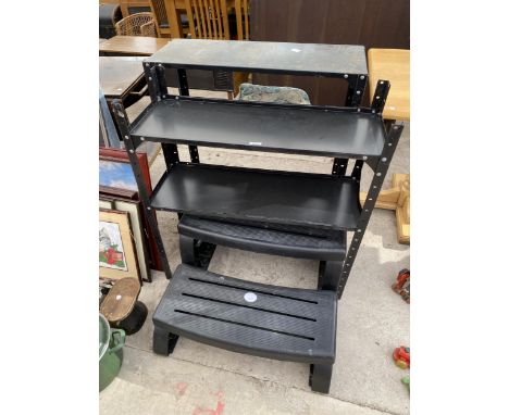 TWO METAL SHELVING UNITS AND A PLASTIC STEP 