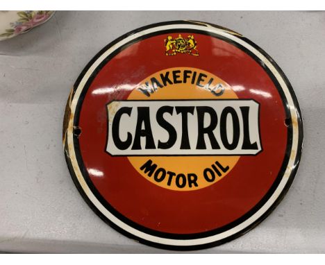 A SMALL ENAMEL SIGN ''WAKEFIELD CASTROL MOTOR OIL' DIAMETER 15CM 