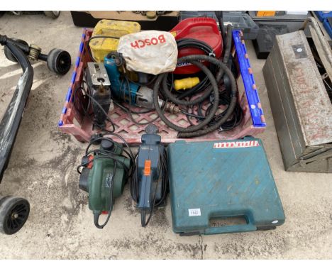 AN ASSORTMENT OF TOOLS TO INCLUDE A 110V TRANSFORMER, AN ELECTRIC WOOD PLANE AND A SANDER ETC 