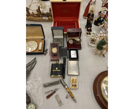 A MIXED LOT TO INCLUDE A MENTMORE FOUNTAIN PEN WITH 14CT GOLD NIB, BOXED ROTARY AND MONTINE WRISTWATCHES, TWO BOXED ZIPPO LIG