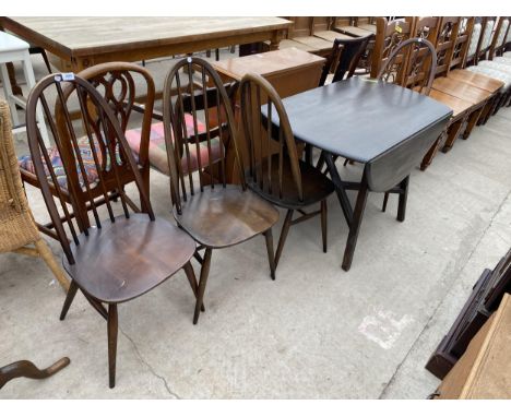 FOUR ERCOL BLUE LABEL QUAKER DINING CHAIRS + DROP LEAF DINING TABLE, 48 X 44" OPENED 