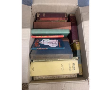 A QUANTIOTY OF VINTAGE BOOKS TO INCLUDE A NUMBER ABOUT CRICKET TO INCLUDE A WISDEN'S ALMANACK, COLIN COWDREY PLUS BLEAK HOUSE