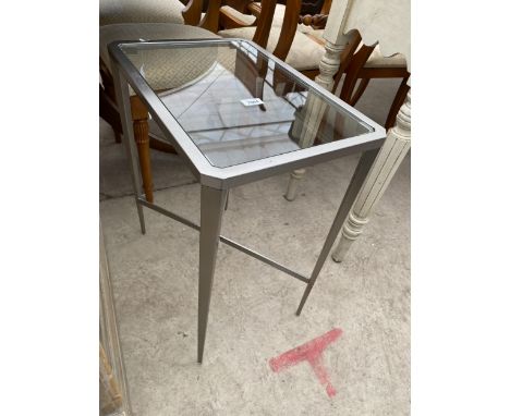 A MODERN POLISHED ALLOY LAMP TABLE WITH CANTED CORNERS, 19.5 X 13.5" 