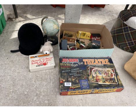 AN ASSORTMENT OF ITEMS TO INCLUDE A JIGSAW, A GLOBE AND TRAIN TRACK ITEMS ETC 