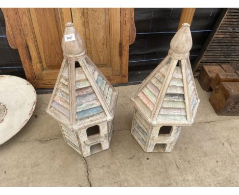 TWO VINTAGE HARDWOOD BIRD HOUSES 