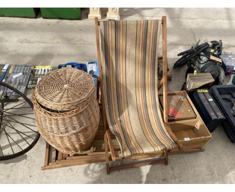 AN ASSORTMENT OF VINTAGE ITEMS TO INCLUDE TWO FOLDING DECK CHAIRS, MONOGRAMMED BOXES, ETC 