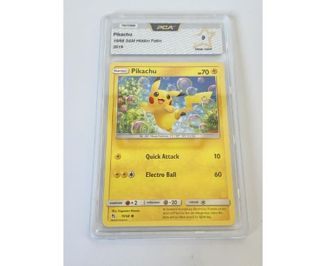 A GRADED POKEMON CARD -PIKACHU 19/68 S&amp;M HIDDEN FATES - PCA GRADE - 9 