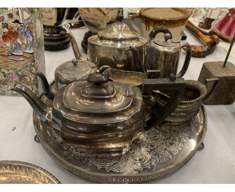 A QUANTITY OF SILVER PLATE TO INCLUDE A TRAY , TEA AND COFFE POTS, JUGS, ETC 