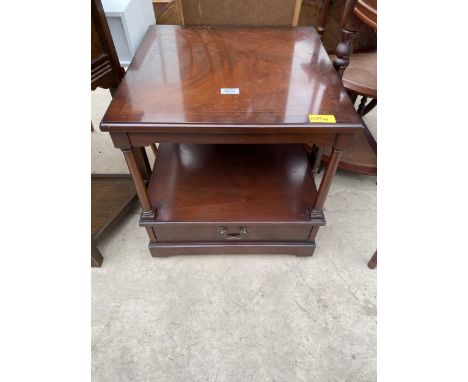 A MAHOGANY INLAID + CROSSBANDED TWO TIER LAMP TABLE WITH SINGLE DRAWER, 19.5" SQUARE 