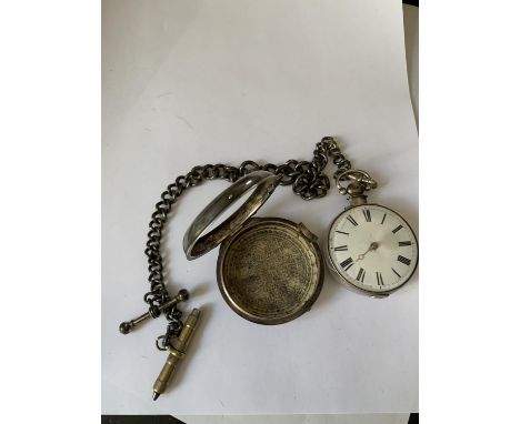 A SILVER POCKET WATCH WITH WHITE METAL CHAIN AND A CASE 