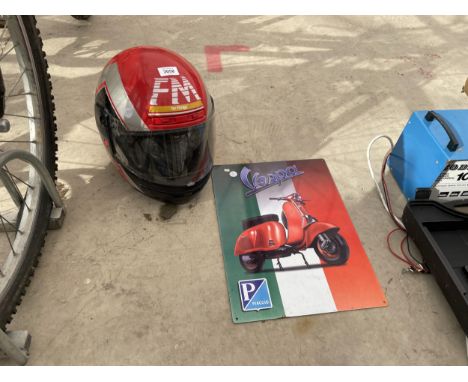 A VESPA TIN SIGN AND A SCOOTER HELMET 