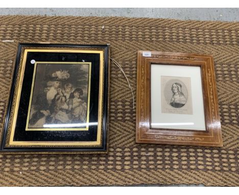 TWO VINTAGE FRAMED PRINTS, ONE OF A VICTORIAN FAMILY 47CM X 41CM PLUS 'CHRISTINA QUEENE OF SWETHLAND' 35CM X 41CM 