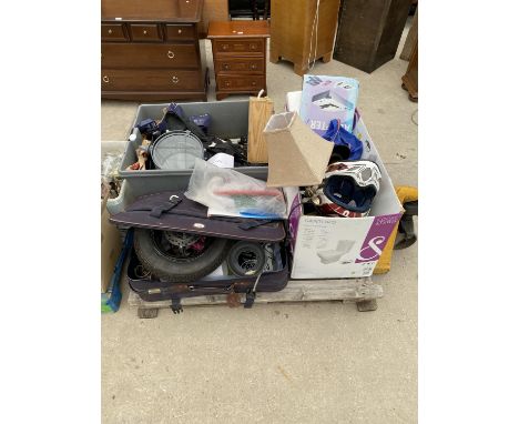 AN ASSORTMENT OF HOUSEHOLD CLEARANCE ITEMS TO INCLUDE WHEELS, A MOTORBIKE HELMET AND TRIPOD STANDS ETC 