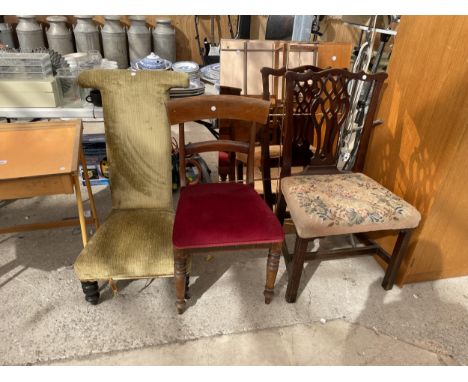 A VICTORIAN PRIE-DIEU CHAIR, A CHIPPENDALE STYLE DINING CHAIR AND A VICTORIAN DINING CHAIR 