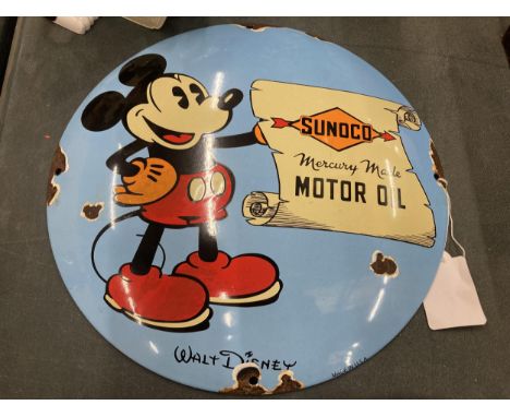 A SUNOCO MICKEY MOUSE THEMED MOTOR OIL ENAMEL SIGN DIAMETER 30CM 