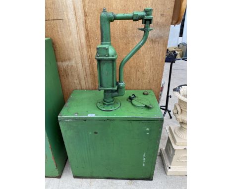 A VINTAGE MANUAL OIL DRUM AND PUMP 