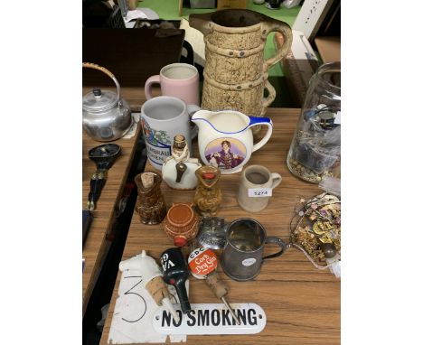 A VINTAGE BREWERY MIXED LOT TO INCLUDE STEINS, JUGS, BOTTLES, ETC., 