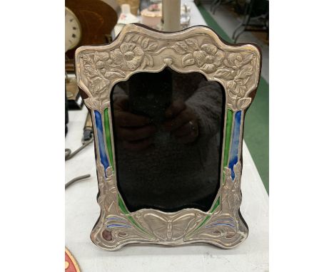 AN ART NOUVEAU STYLE STERLING SILVER AND ENAMEL PHOTO FRAME 