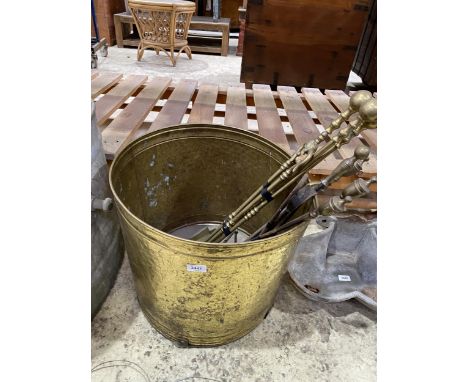 A VINTAGE BRASS BUCKET WITH FIRESIDE ITEMS 