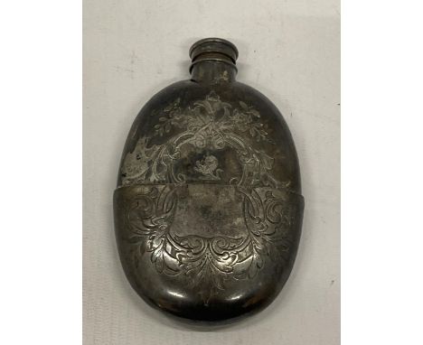 A VICTORIAN SILVER PLATED HIP FLASK WITH DETACHABLE CUP WITH CHASED AND ENGRAVED FLORAL DESIGN 