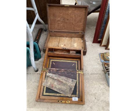 A VINTAGE WOODEN WRITING SLOPE AND A WOODEN BOX 