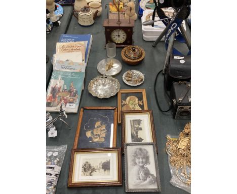 A QUANTITY OF SMALL FRAMED PRINTS, SILVER PLATE, A WOODEN BOX AND AMANTLE CLOCK 