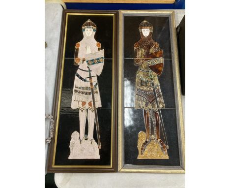 A PAIR OF MAJOLICA STYLE FRAMED TILE PLAQUES OF KNIGHTS 