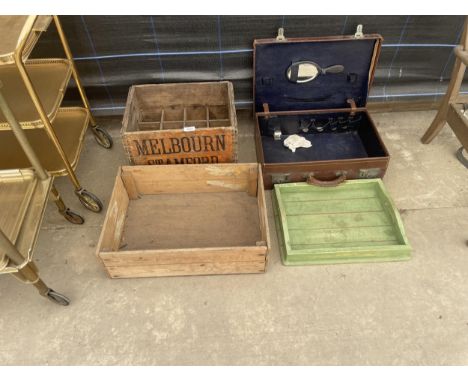 A MIXED LOT TO INCLUDE LEATHER TRAVELLING SUITCASE, MELBOURNE STAMFORD VINTAGE WOODEN BOTTLE CRATE ETC 