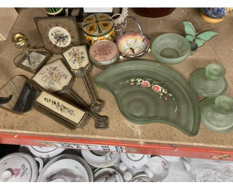 A QUANTITY OF VINTAGE ITEMS TO INCLUDE A PETIT POINT CLOCK AND VANITY SET, GLASS DRESSING TABLE SET, ETC., 