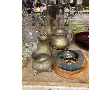 A QUANTITY OF BRASS TO INCLUDE A TEA AND COFFEE POT, CREAM JUG AND SUGAR BOWL PLUS A CLARET JUG, SHIELD AND BAROMETER 