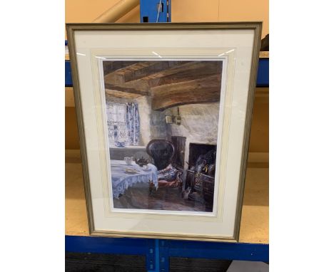 A FRAMED LIMITED EDITION 312/750 PRINT OF A VINTAGE COTTAGE KITCHEN, SIGNED 