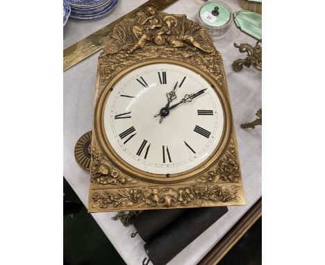 AN EARLY 20TH CENTURY GILT DESIGN LONGCASE CLOCK MOVEMENT WITH WEIGHTS &amp; PENDULUM 