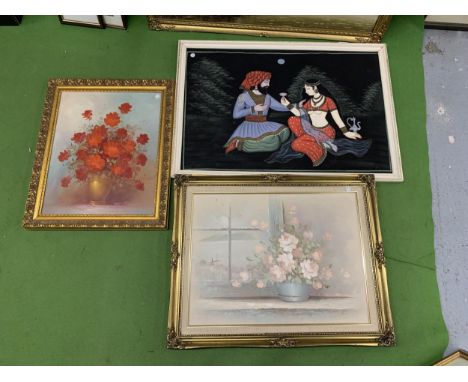 A FRAMED MATERIAL PRINT OF LOVER'S TOGETHER WITH TWO FLORAL OIL ON CANVAS 